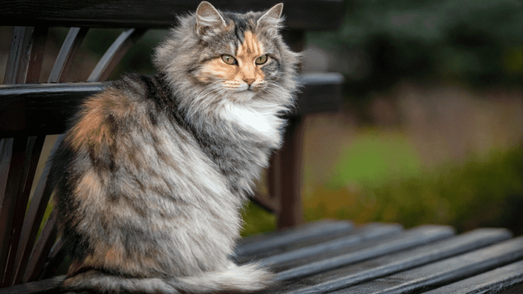 gato siberiano sobre una banca